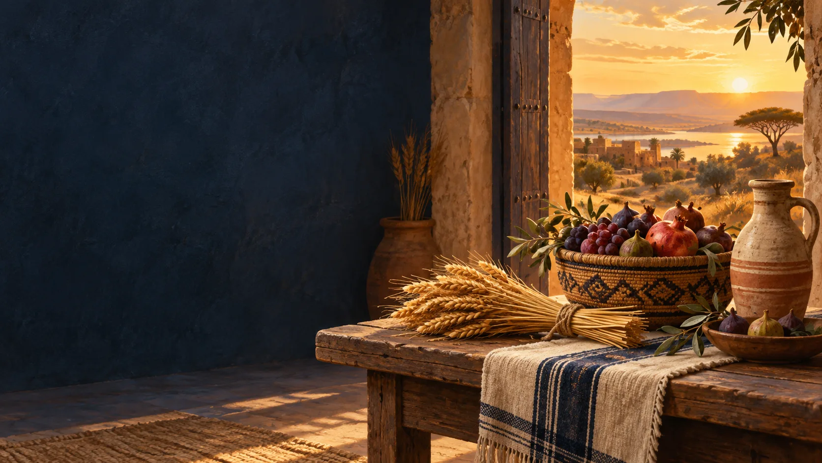 Illustration of grain and a basket of fruit in warm sunlight.