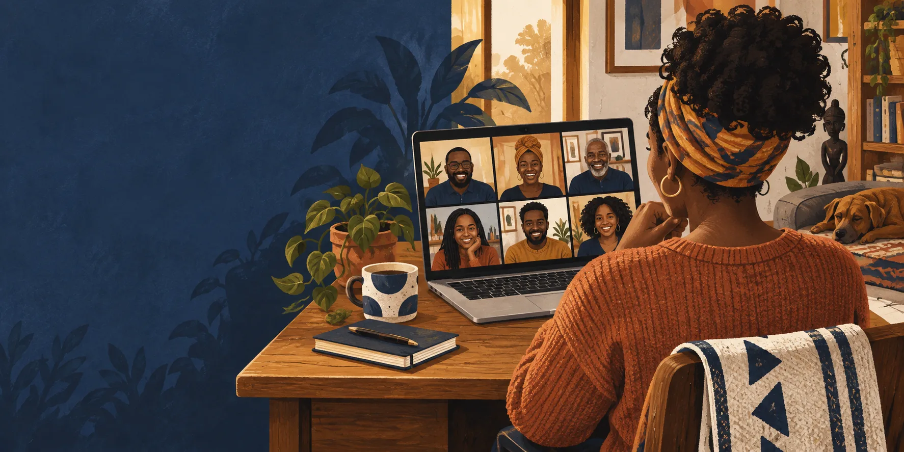 Illustration of a person joining a remote group video gathering.