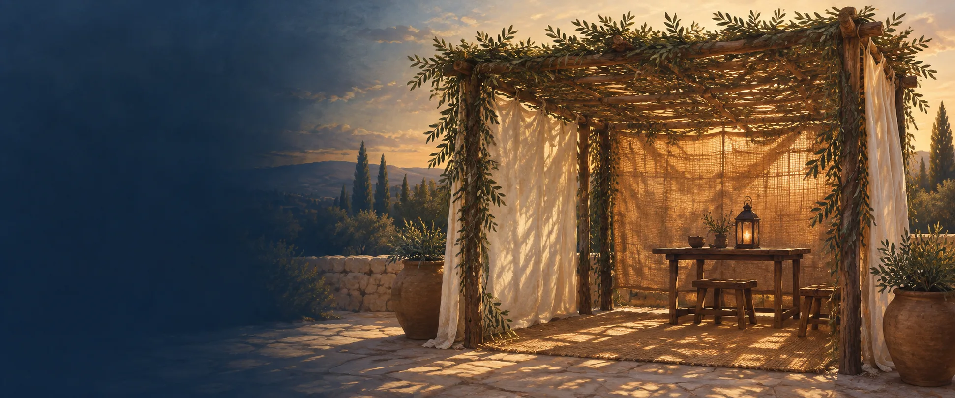 Illustration of a temporary leafy shelter in a sunlit courtyard.