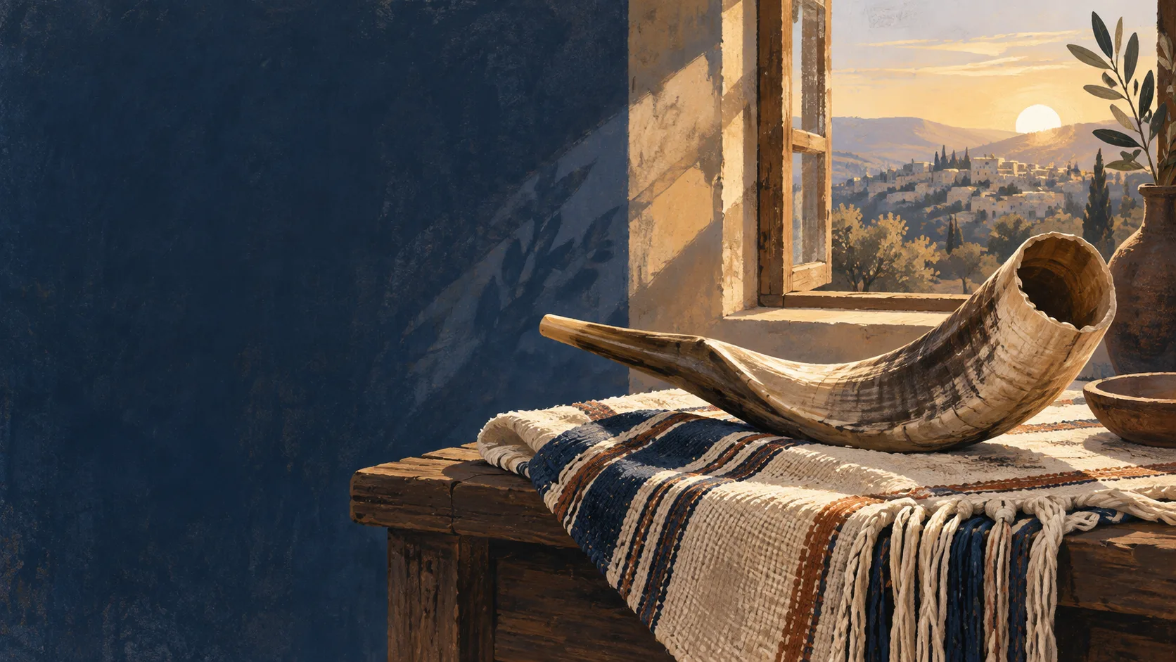 Illustration of a simple horn on a folded textile in morning light.