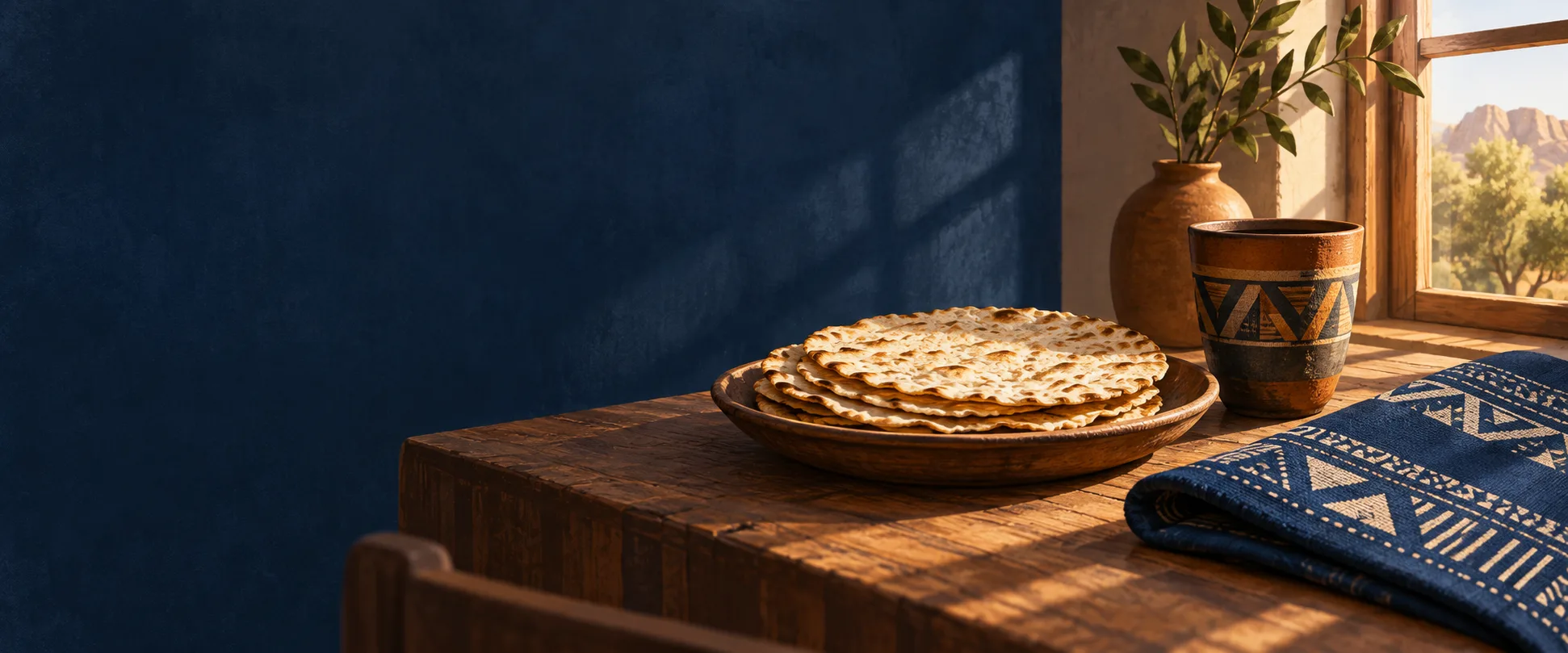Illustration of flatbread on a wooden table in morning light.